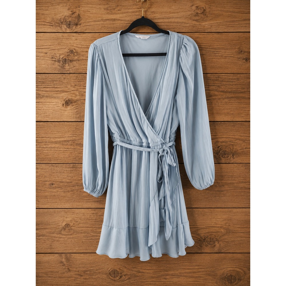 Lauren Conrad Sage Green Wrap Dress Puff Sleeve Ruffle Hem Large